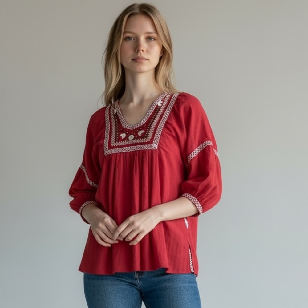 NWT Max Studio Women's Embroidered Gauze Top RED SMALL